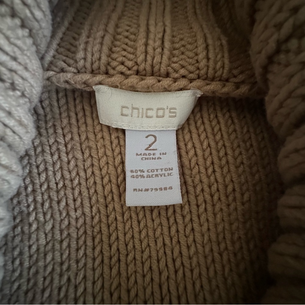 Chicos Sweater Womens 2 L Tan Chunky Cable Knit Short Sleeve Button Cardigan - Picture 5 of 9